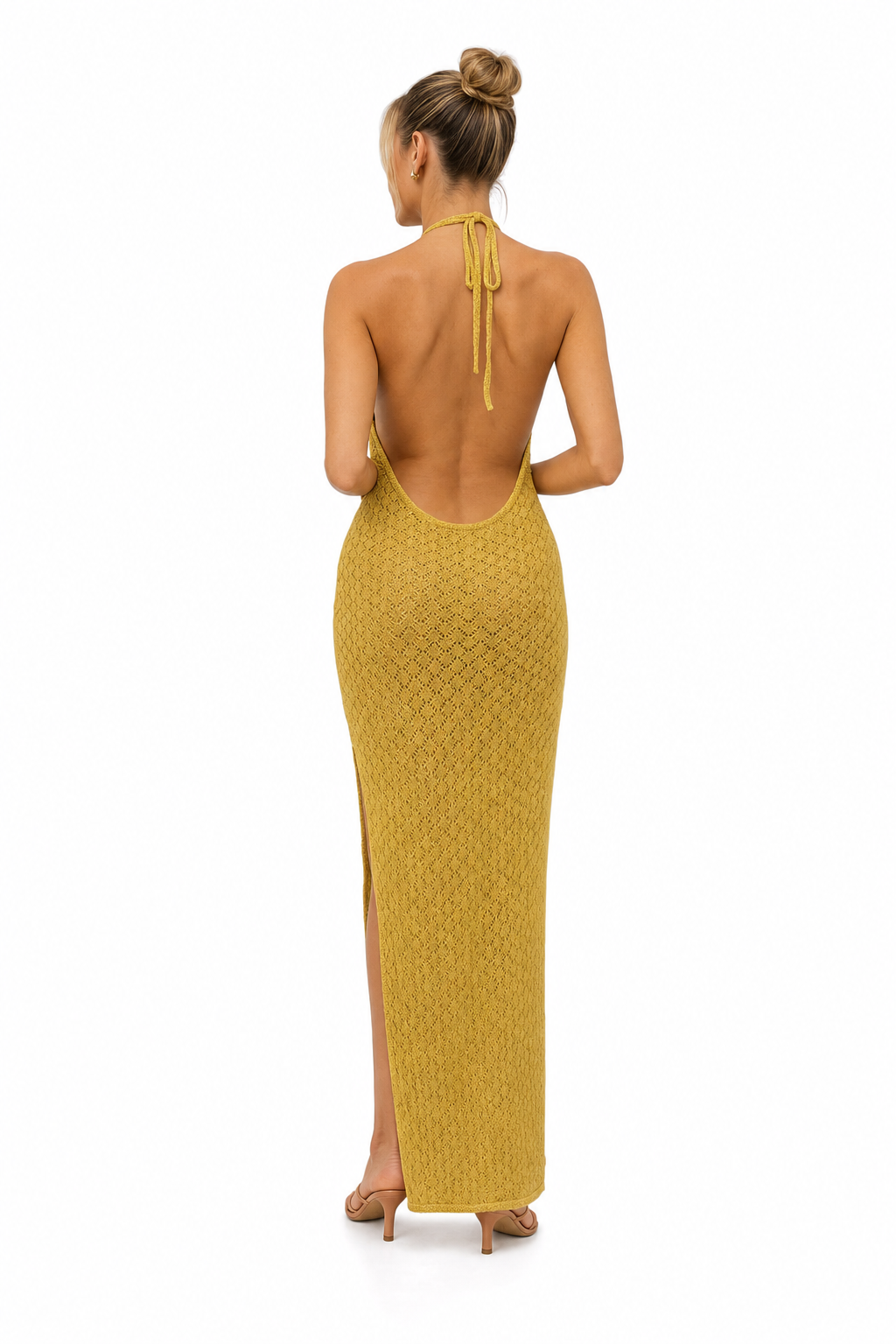 Serena Open-Knit Halter Maxi Dress back view
