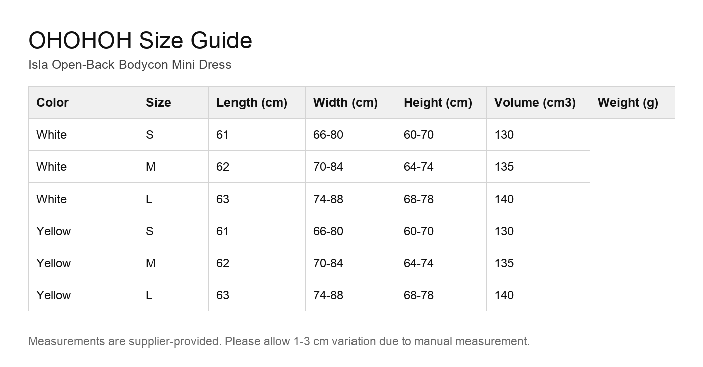 Isla Open-Back Bodycon Mini Dress size guide