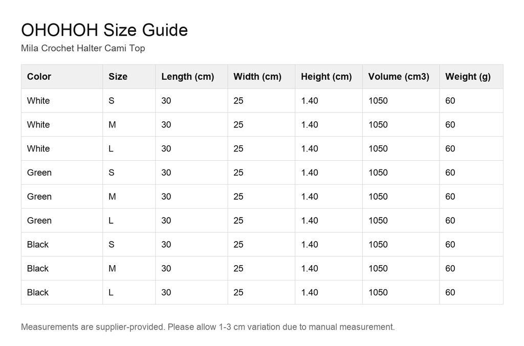 Mila Crochet Halter Cami Top size guide