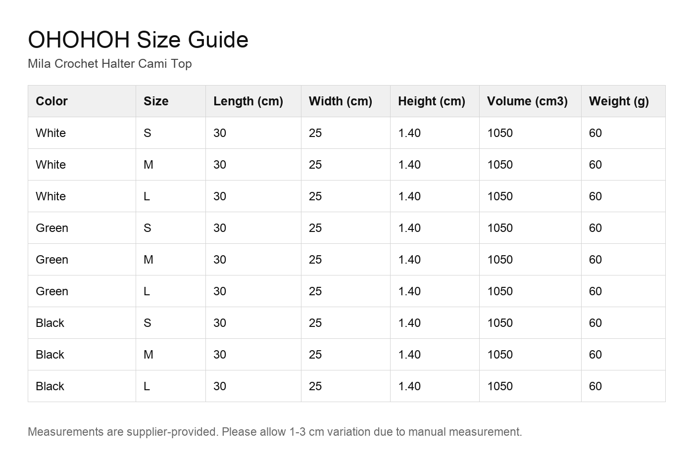 Mila Crochet Halter Cami Top size guide