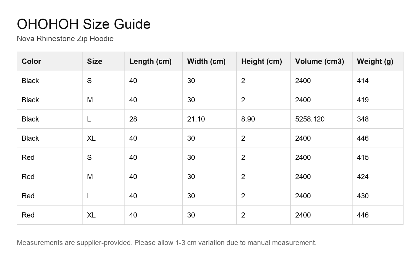 Nova Rhinestone Zip Hoodie size guide