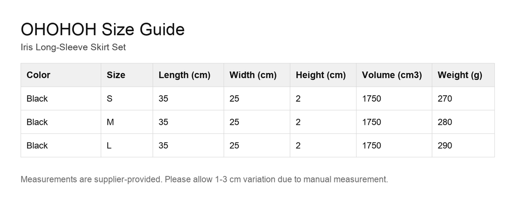 Iris Long-Sleeve Skirt Set size guide