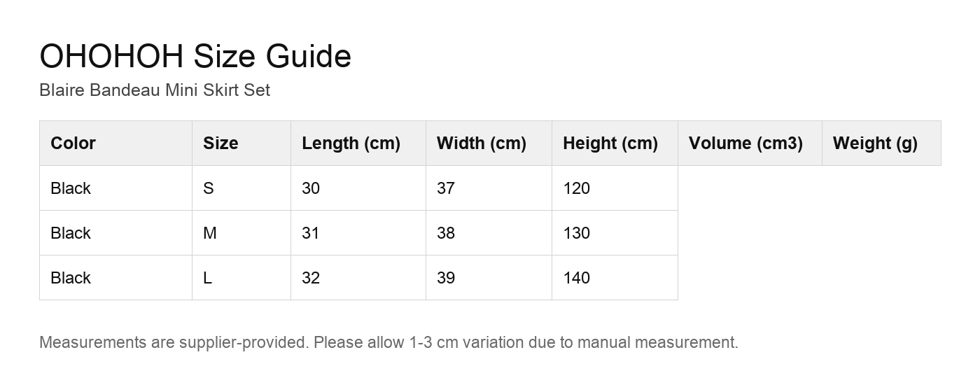 Blaire Bandeau Mini Skirt Set size guide
