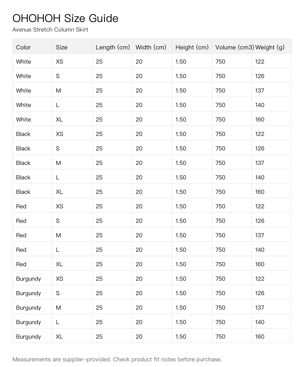 Avenue Stretch Column Skirt size guide