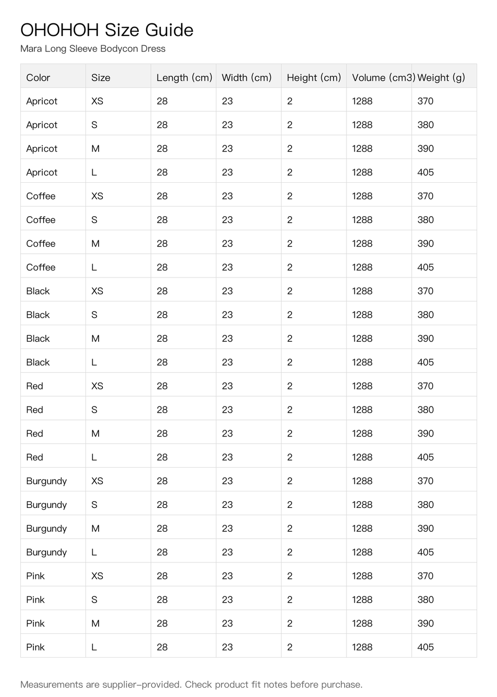 Mara Long Sleeve Bodycon Dress size guide