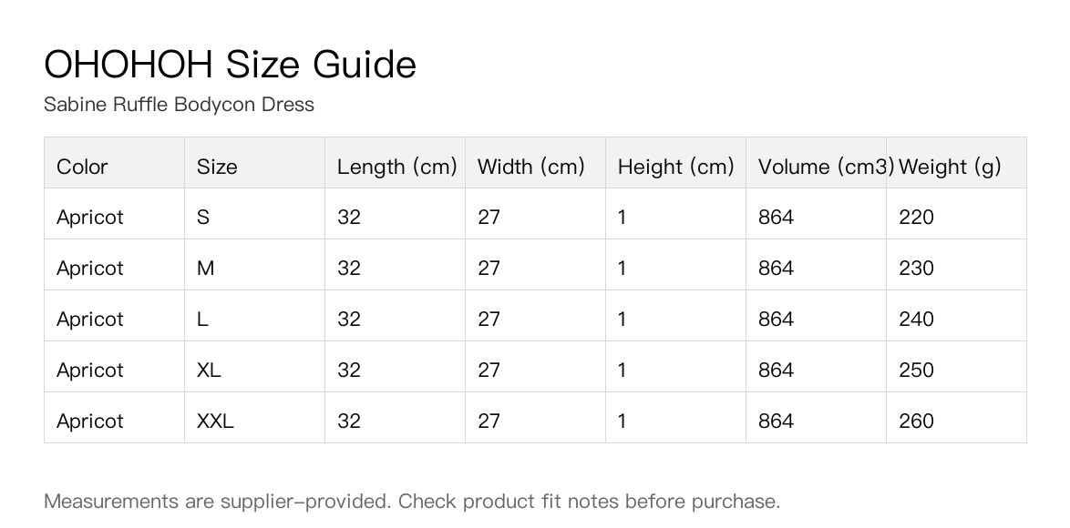 Sabine Ruffle Bodycon Dress size guide