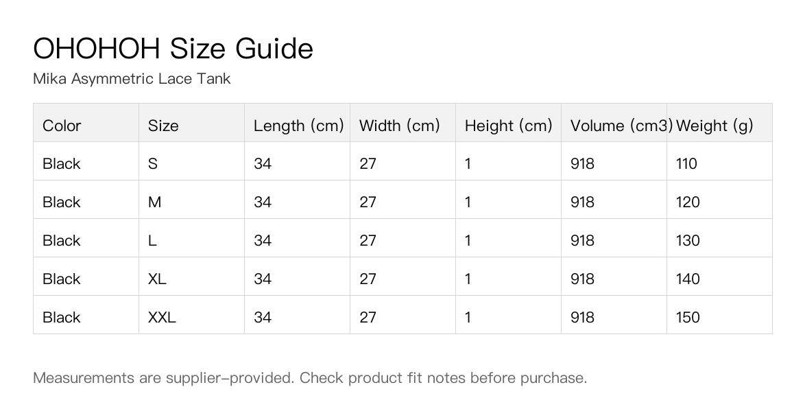 Mika Asymmetric Lace Tank size guide