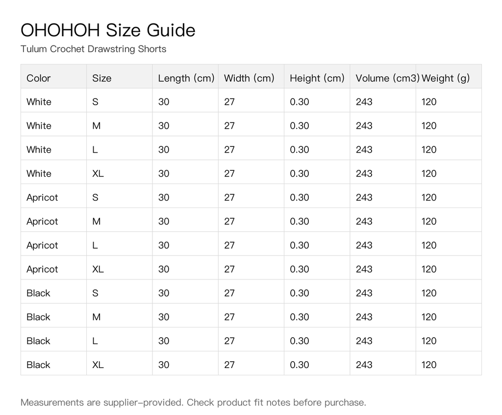Tulum Crochet Drawstring Shorts size guide