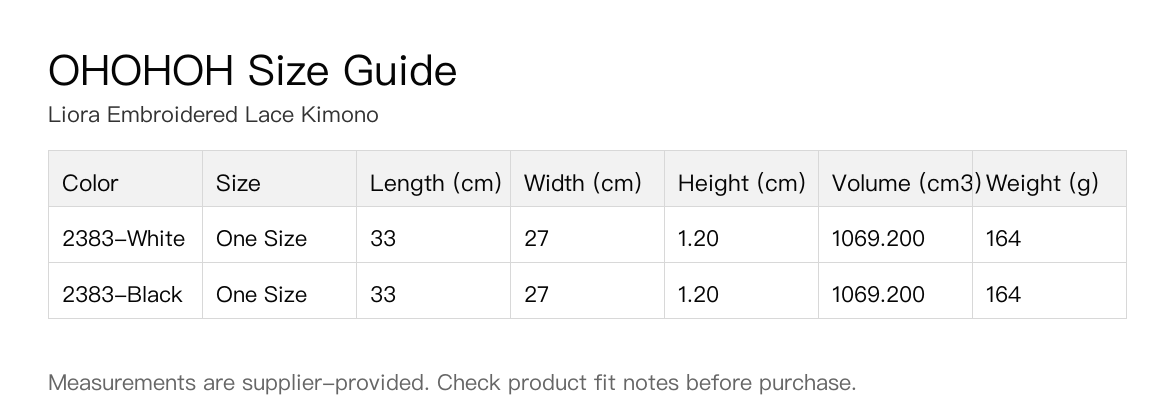 Liora Embroidered Lace Kimono size guide
